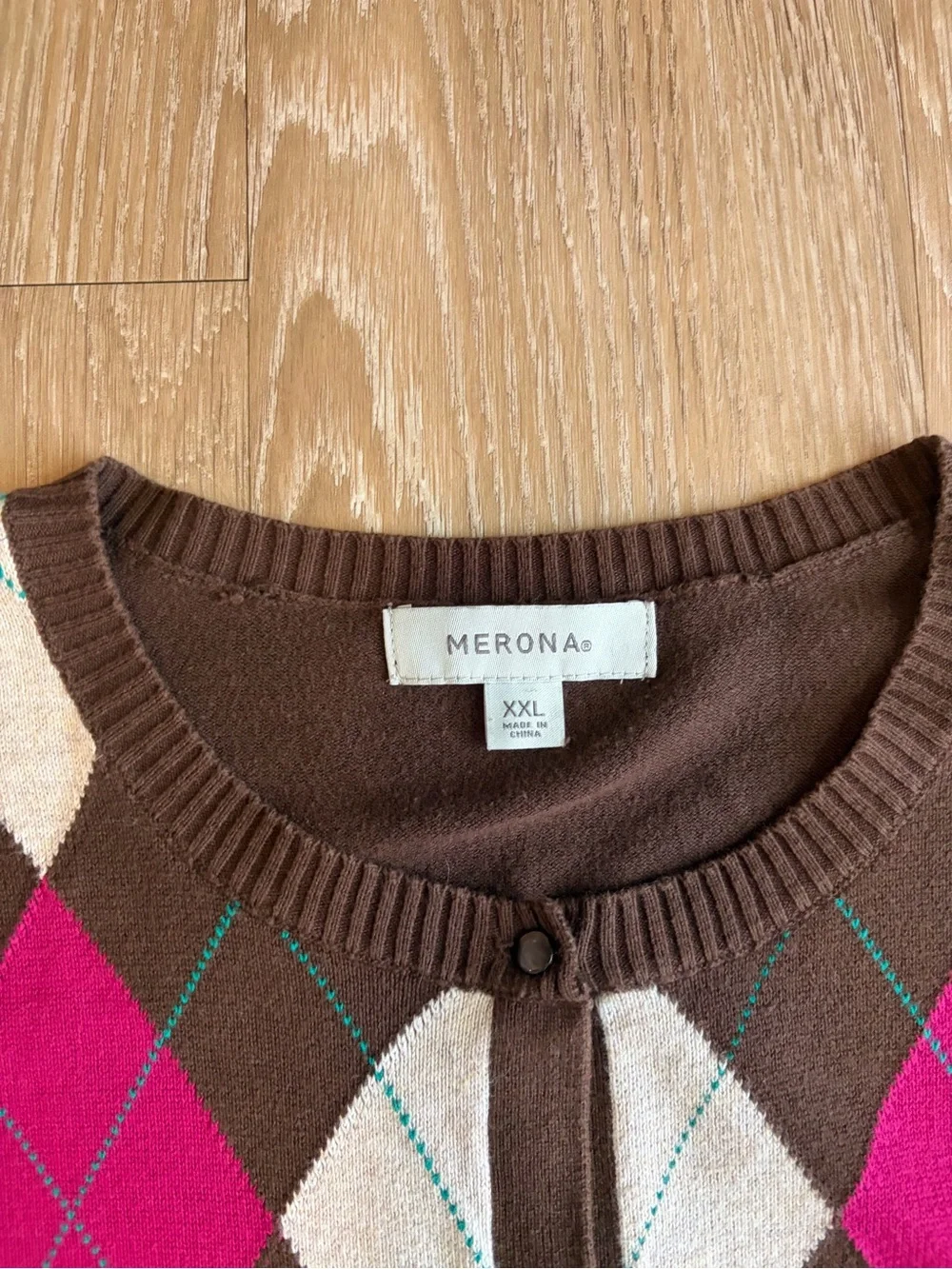 Merona Cotton Brown & Pink Argyle Button-Up Cardigan